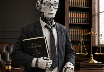 A robot dressed as a lawyer holding a 'Legal Precedents' book in a law office