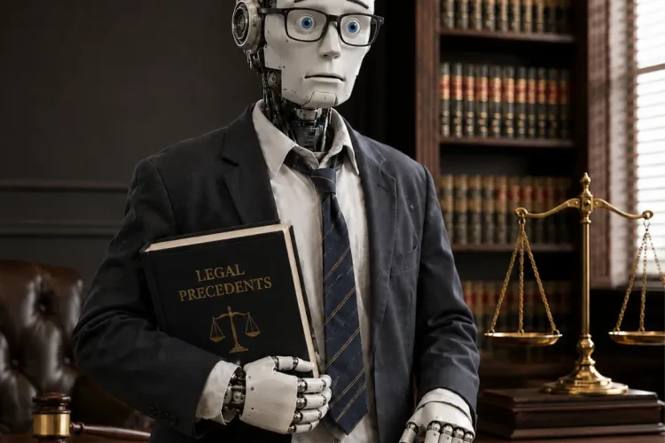 A robot dressed as a lawyer holding a 'Legal Precedents' book in a law office