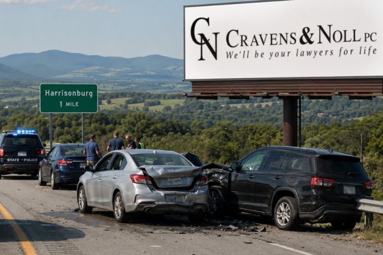 A car accident on a highway near a Harrisonburg sign and a Cravens & Noll law firm billboard
